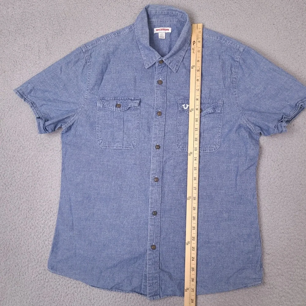 True Religion Shirt Mens Large Blue Denim Chambray Short‎ Sleeve Button Utility